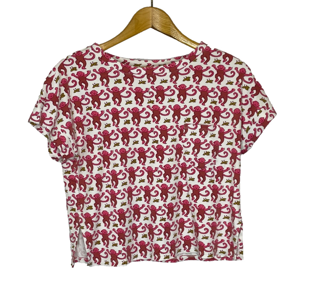 Women's Small Roller Rabbit Pink Monkey Print Crewneck Cotton T-Shirt